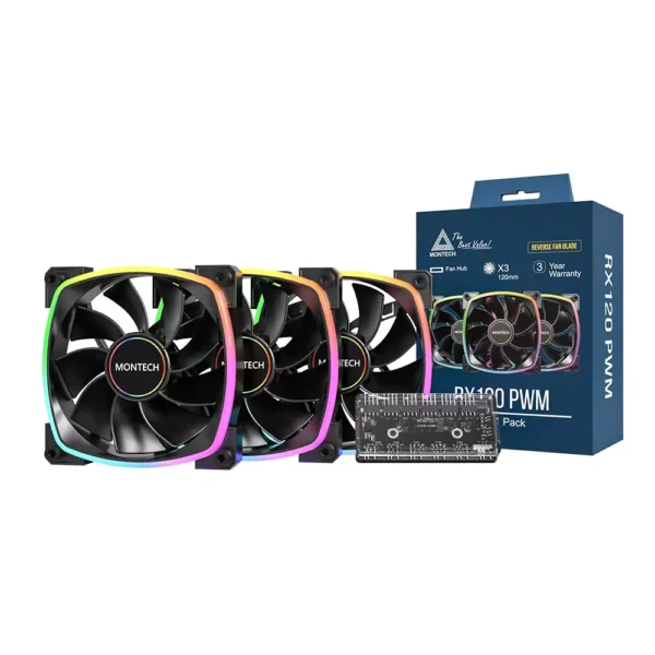 Montech RX120 PWM ARGB Ultra Durable Triple Pack Fan - Black | RX120-PWM-Black