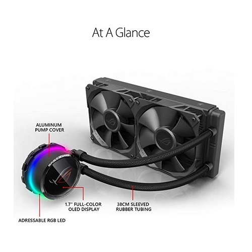 Asus ROG Ryuo 240 all-in-one liquid CPU cooler with color OLED, Aura Sync RGB, and dual ROG 120mm radiator fans | ROG Ryuo 240