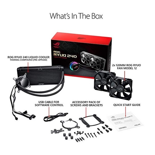 Asus ROG Ryuo 240 all-in-one liquid CPU cooler with color OLED, Aura Sync RGB, and dual ROG 120mm radiator fans | ROG Ryuo 240